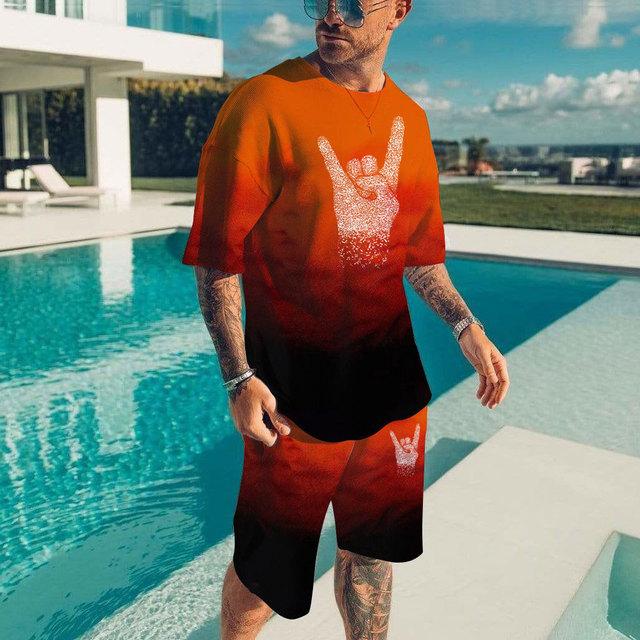

Летняя новинка, мужская повседневная модная футболка с круглым вырезом, комплект из шорт, пуловер с короткими рукавами и 3D принтом, большой комплект из двух предметов XS