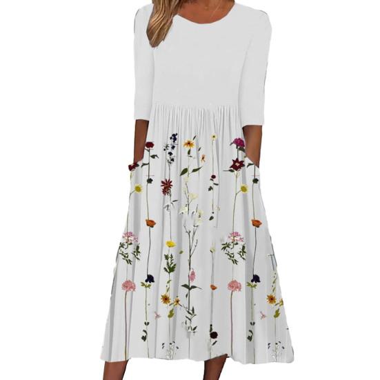 Damska Letnia Zwiewna Sukienka Midi Boho Kwiatowa Plisowana Sukienka z Kieszeniami Casualowa z Rękawem 1/2 Okrągły Dekolt Rozkloszowana Sukienka