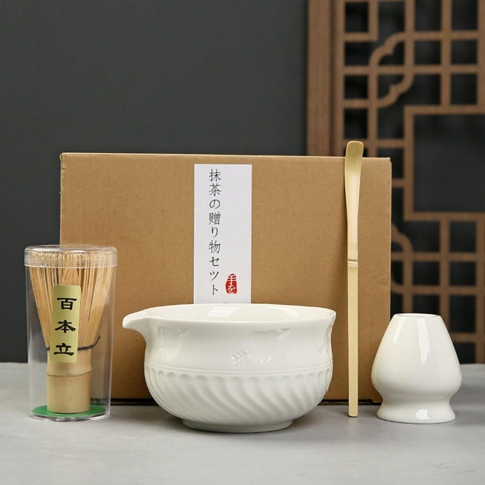 

4 шт. Керамический бамбуковый японский набор для чая матча Чаша для матча Венчик Чайная ложка Чайные наборы Любителям чая White