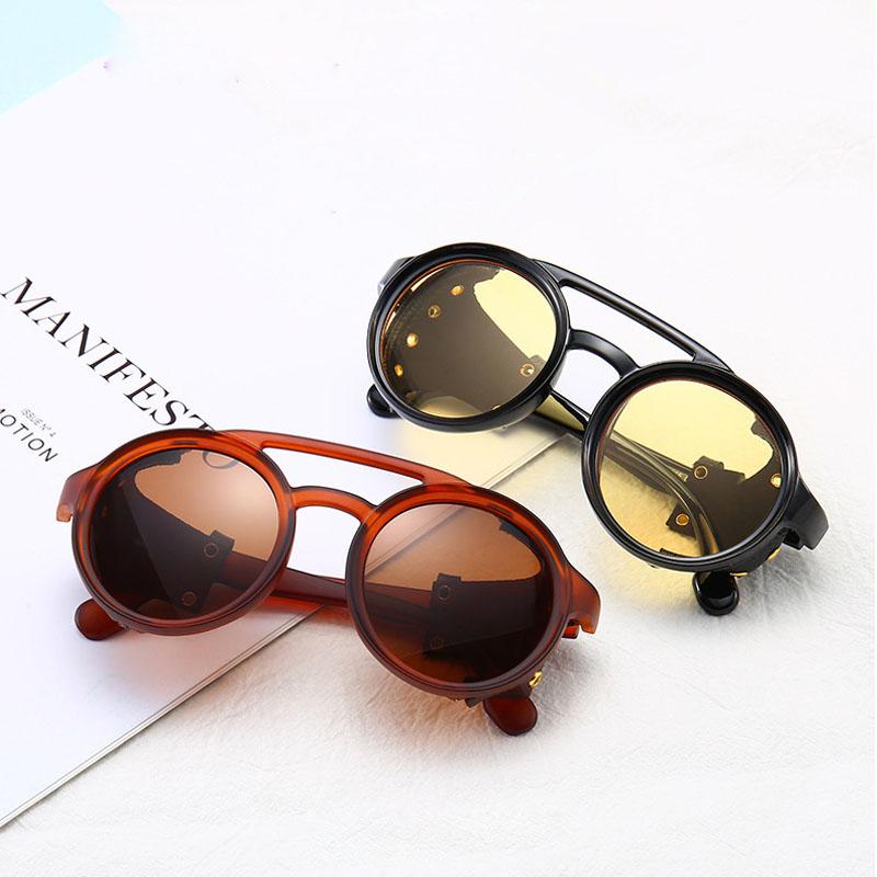 Steampunk Sunglasses Men Women Round UV400 Lens Leather Side Shields Punk Style Eyewear Classic Sun Glasses