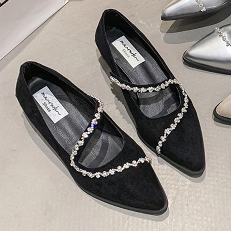 Spring and Summer 2025 New Light Luxury Curved Rhinestone Temperament Versatile Pointed All-inclusive Square Heel Soft Sole Single Shoes Women
