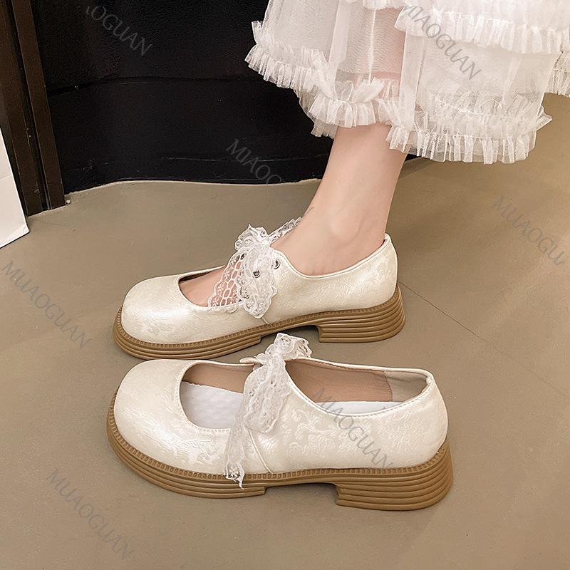 Retro Silver Heightening Pumps Thick Bottom Shallow Mouth Single Shoes Women Spring Autumn Lace Bow Middle Heel  Mary Jane Shoes