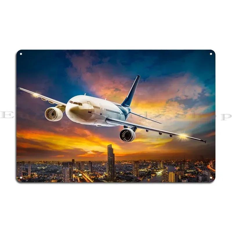 Airplane Over City Metal Sign Garage Cinema Customize Garage Bar Tin Sign Poster 20x30cm(7.8x11.8inch)