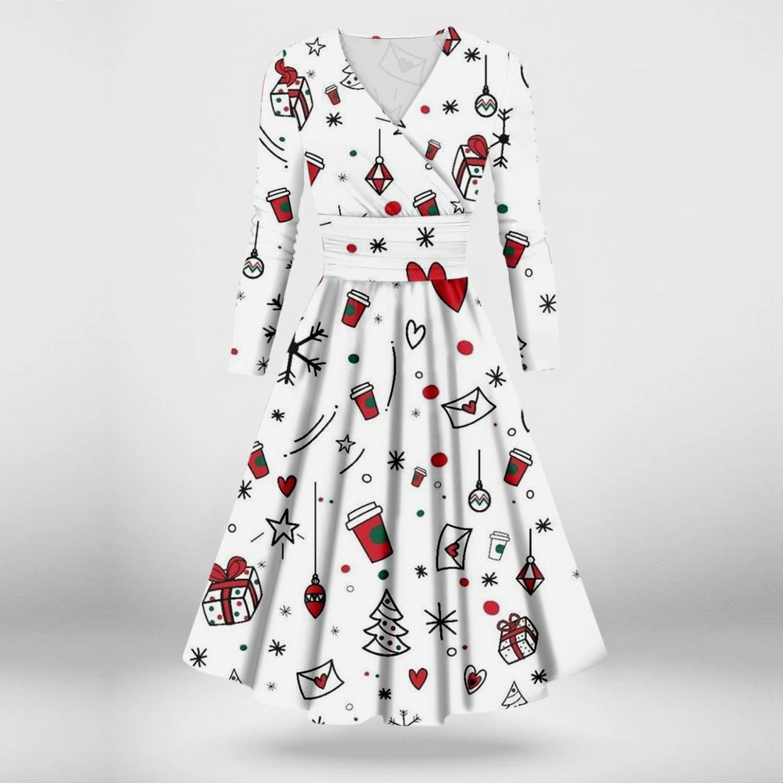 

Женское повседневное и модное сексуальное платье с v-образным вырезом и длинными рукавами с рождественским принтом S белый