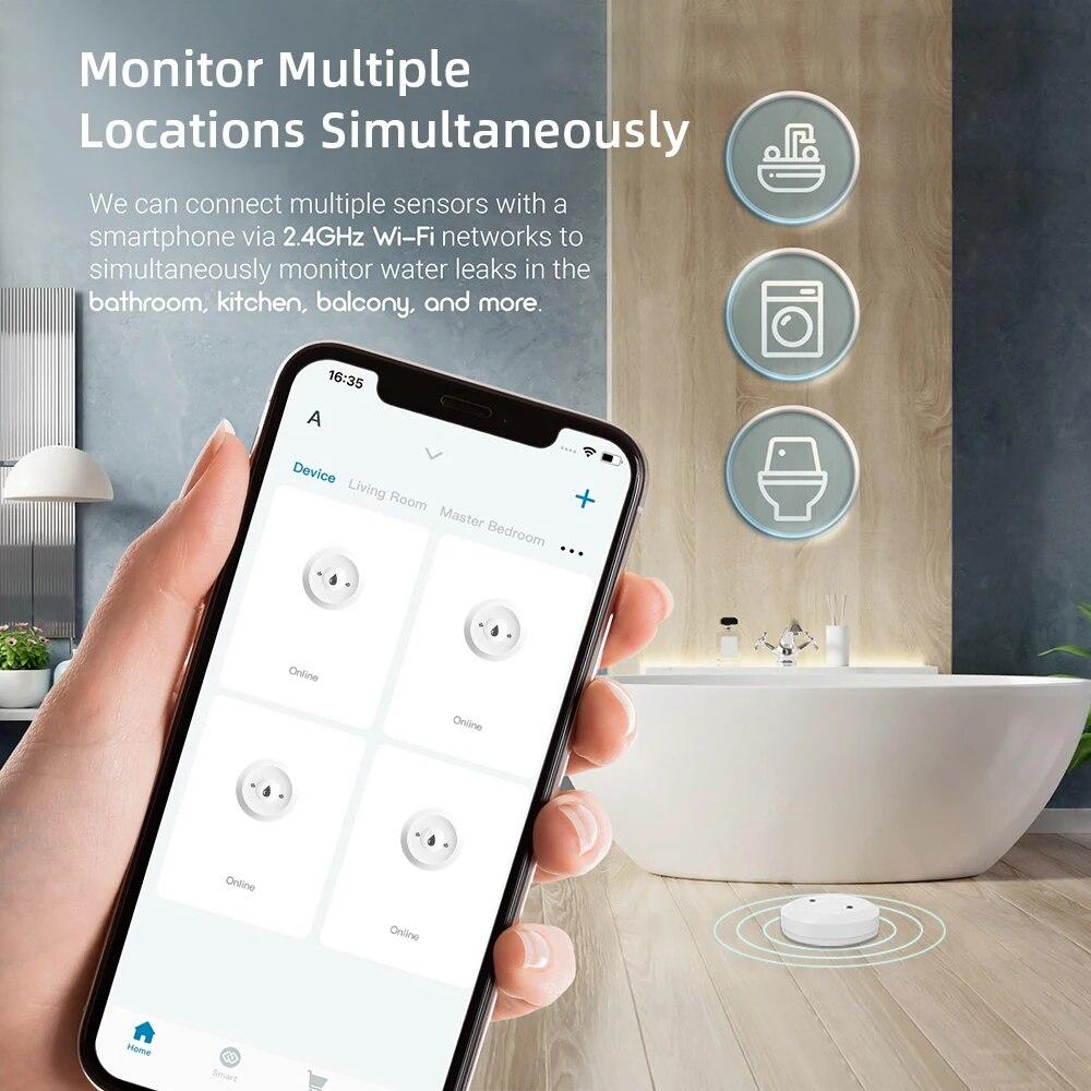 Tuya ZigBee Smart Water Leak Sensor Flood Detector Waterproof Overflow Alarm with Real Time APP Remote Monitor for Kitchen Bathroom Smart Life Gateway