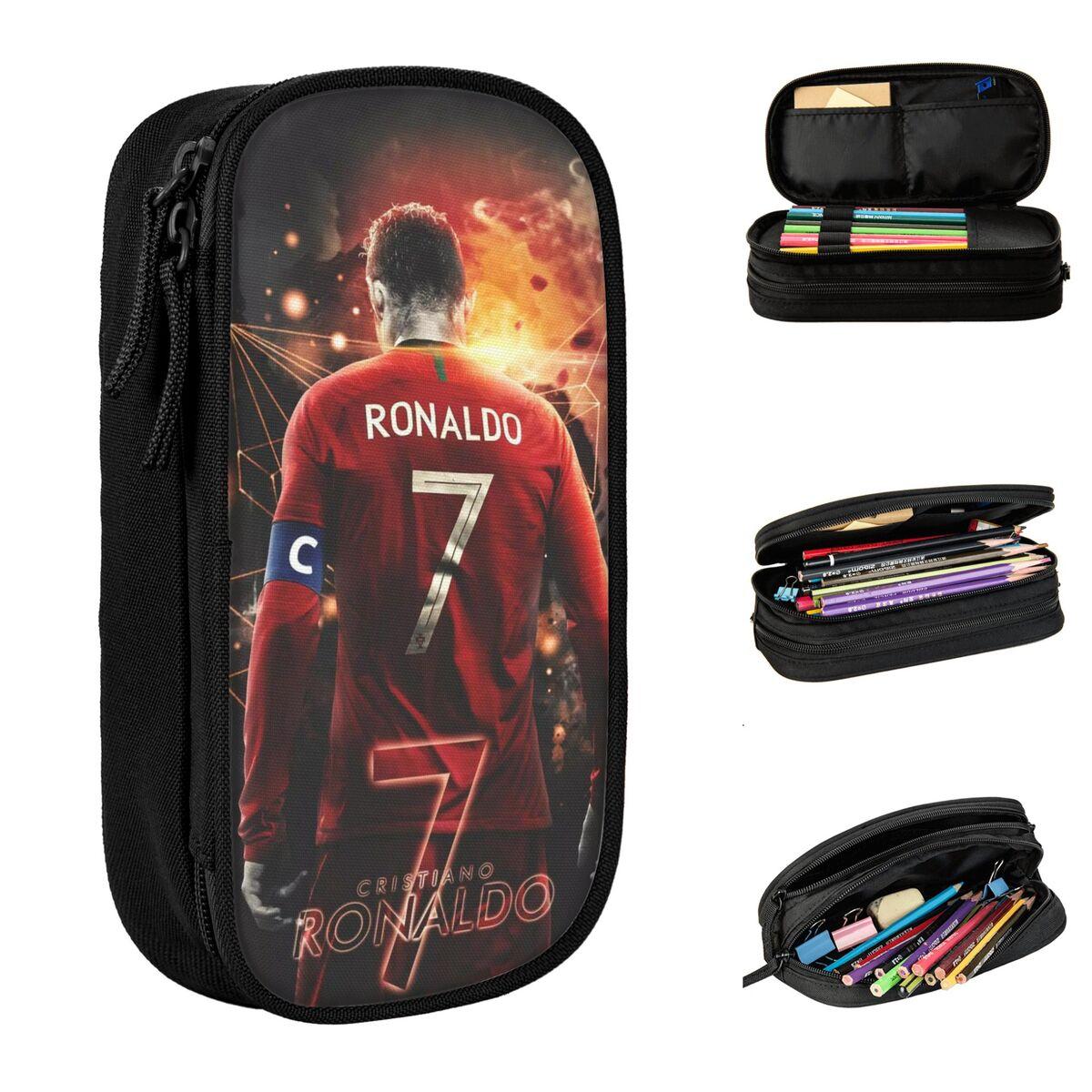 CR7 Fußball Fußball Federmäppchen Mode Ronaldos Stifttasche Kinder Große Aufbewahrung Schüler Schulgeschenke Federmäppchen 21x10.5x5cm brown