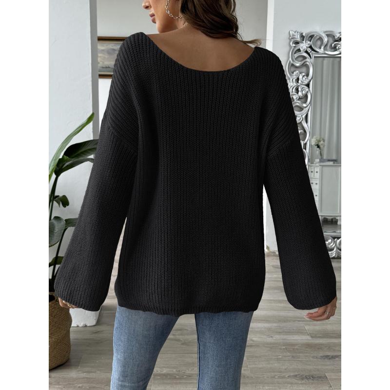 Women's Pullover Sweater Top Simple Loose Off-Shoulder Bell Sleeve Sweater