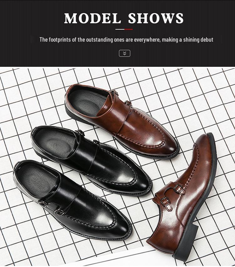 Men's Double Buckle Pointed Toe Leather Monk Shoes, Plus Size Formal Business Casual Footwear