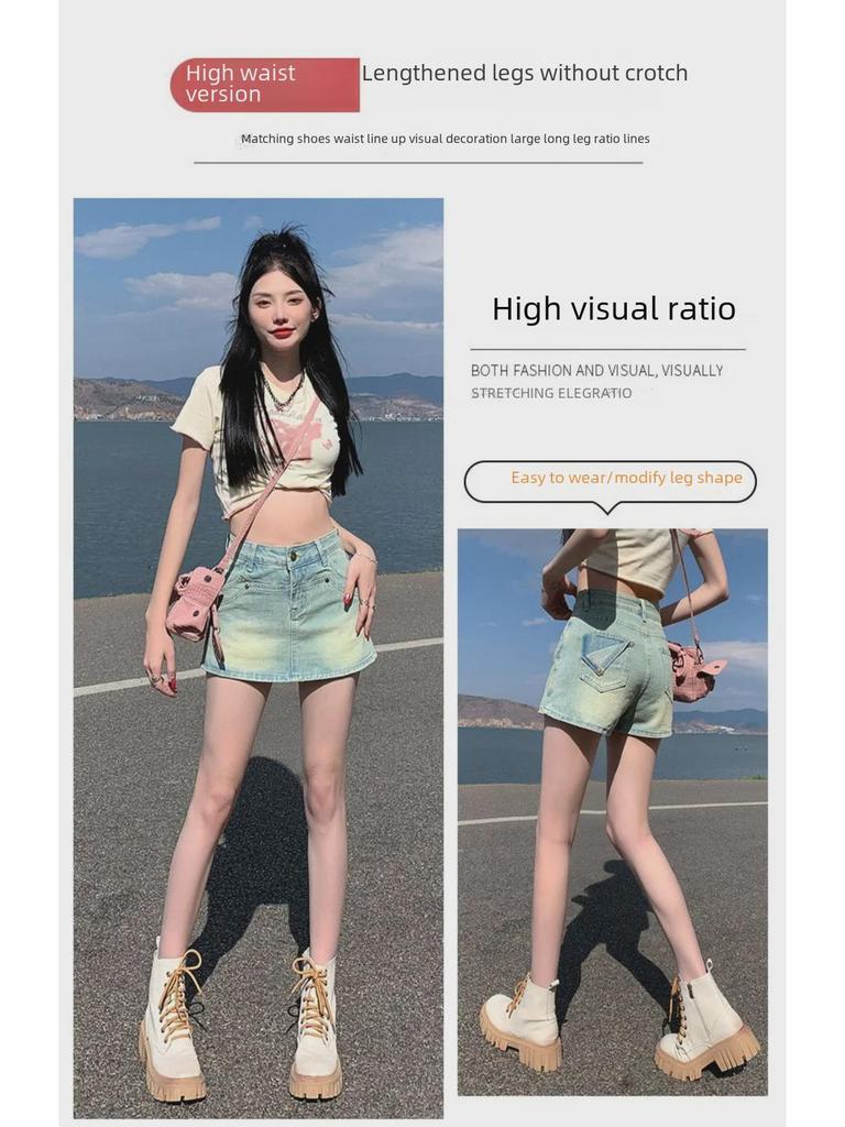 Women's High Waist Retro Denim Skort: A-Line, Anti-Exposure, Small Size
