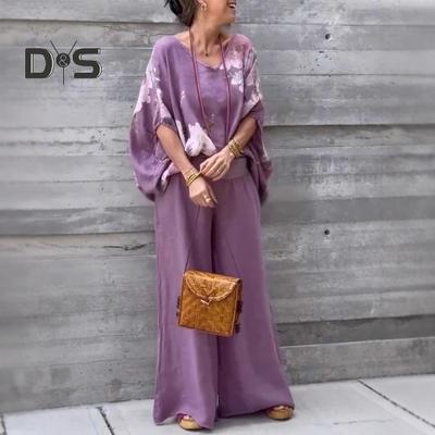 2 Pcs/Set Blouse Pants Suit V Neck Bat Sleeves Baggy Loose Flower Printing Top Wide Leg Elastic Waist Pants Casual Daily Outfit Commuting Travel