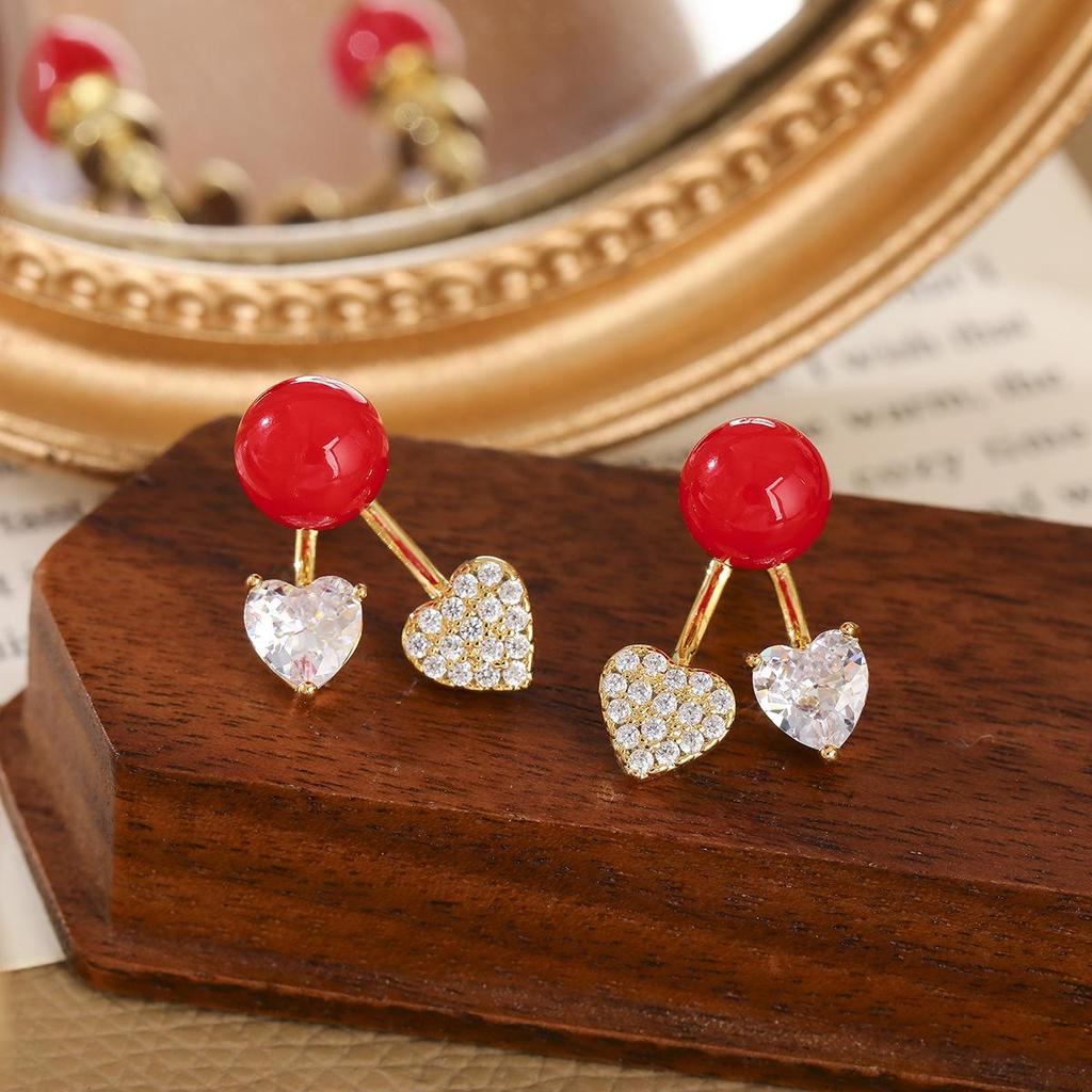 Stylish Red Heart Cubic Zirconia Earrings: Front & Back Wear, Luxurious Korean Style, Versatile Micro-Paved Studs for Commuting