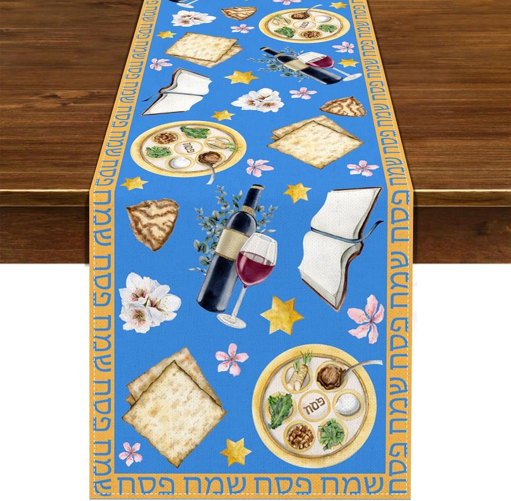 Passover Linen Table Runner Pesach Seder Jewish Party Decoration Matzo Red Wine Home Kitchen Dining Table Runner Passover Decor