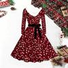 Women Floral Print Midi Dress, Long Sleeve V‑Neck Furry Trim A‑Line Party Dress, Christmas Limited Edition