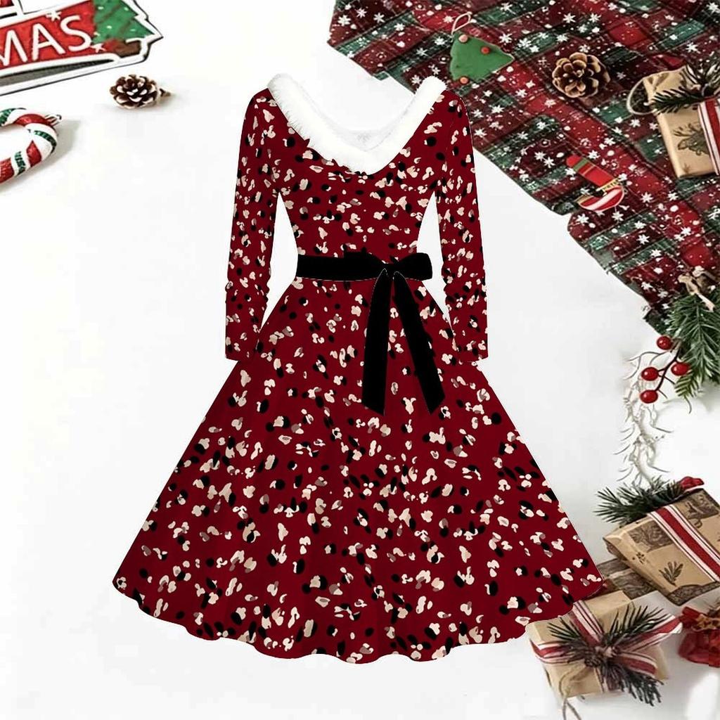 Women Floral Print Midi Dress, Long Sleeve V‑Neck Furry Trim A‑Line Party Dress, Christmas Limited Edition