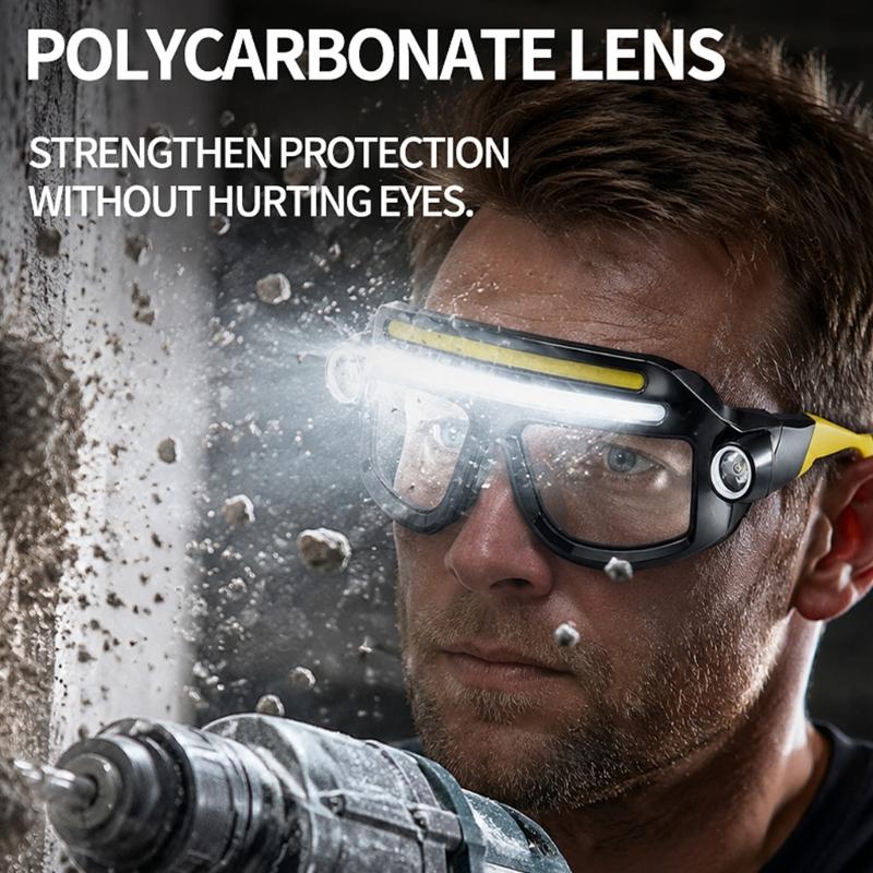 Rechargeable LED Safety Glasses with USB Charging, Front LEDs and Side Spotlights for Repair and Camping Work Use