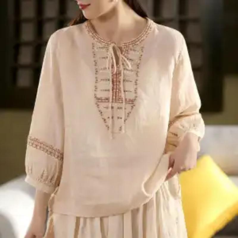 Women's New Spliced Pullover Round Neck Embroidered Retro Cotton Linen Shirt Three-quarter Sleeve Loose Top