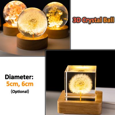 3D Pusteblumen-Kristallkugel, 5 cm, 6 cm, leuchtende Unsterblichkeitsblume, Geschenk, Kristallkugel, Holzständer, konservierte Blumenkugel