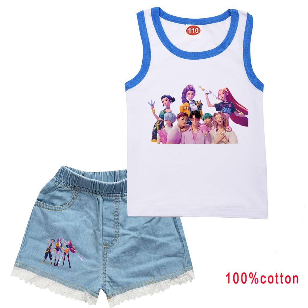 

Детский Девочки Аниме Мультфильм K-Pop С принтом Хлопок Без рукавов Майка Джинсовые Шорты Комплект Одежды 160cm синий