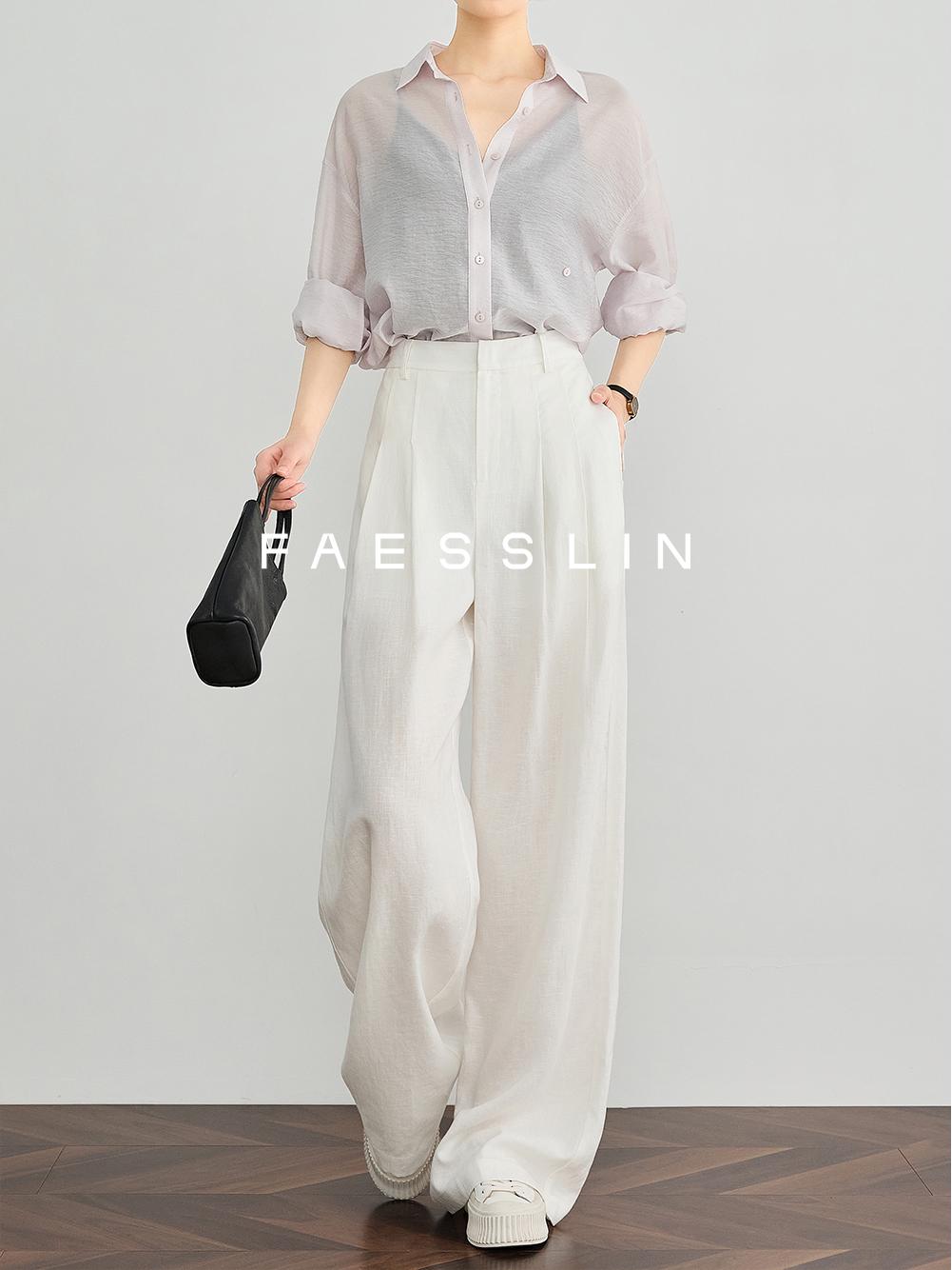 Minimalist White Linen High-Waisted Tencel Wide-Leg Pants L