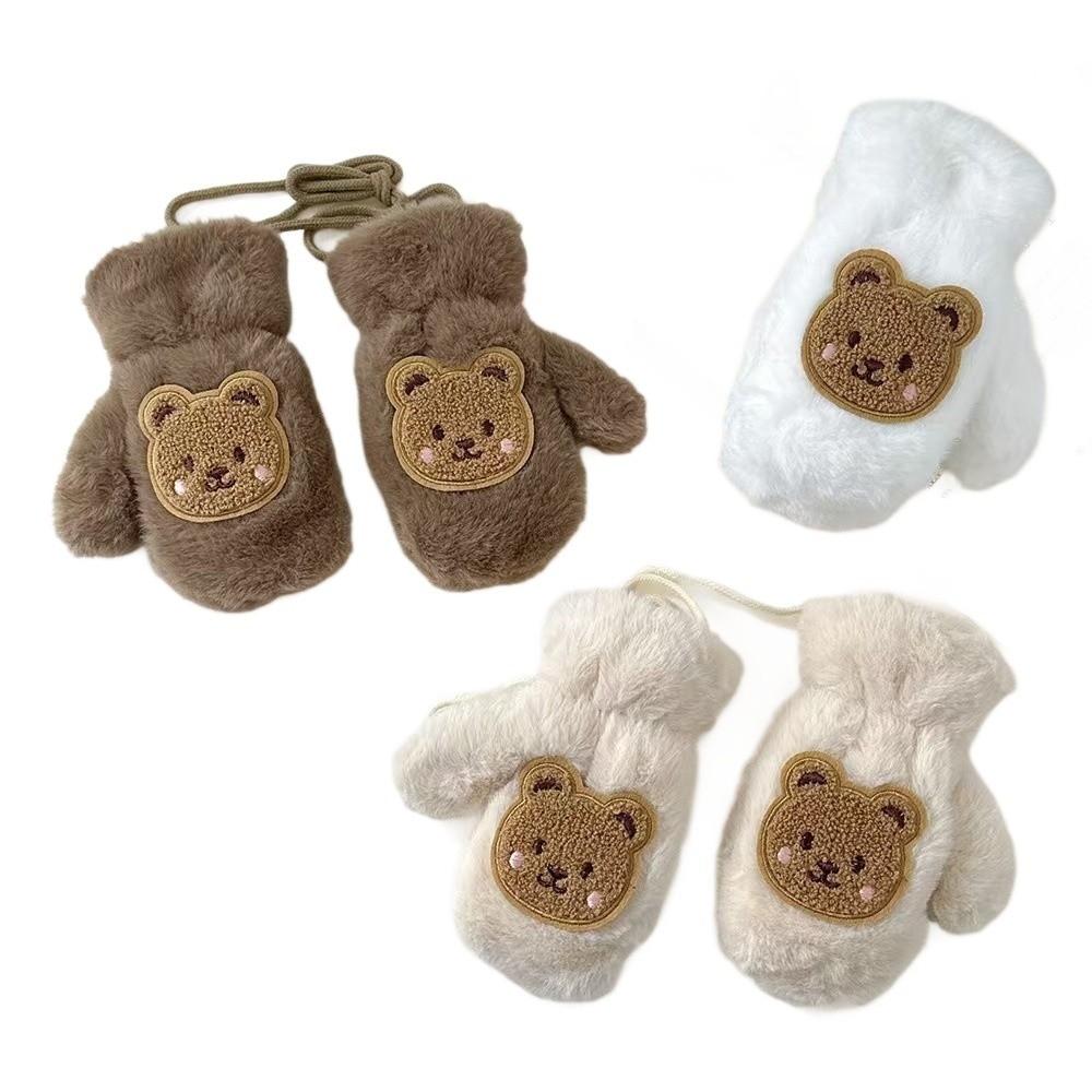 Faux Fur Cartoon Bear Gloves Waterproof Toddler Fingerless Gloves Outdoor Sports Mittens For Boys