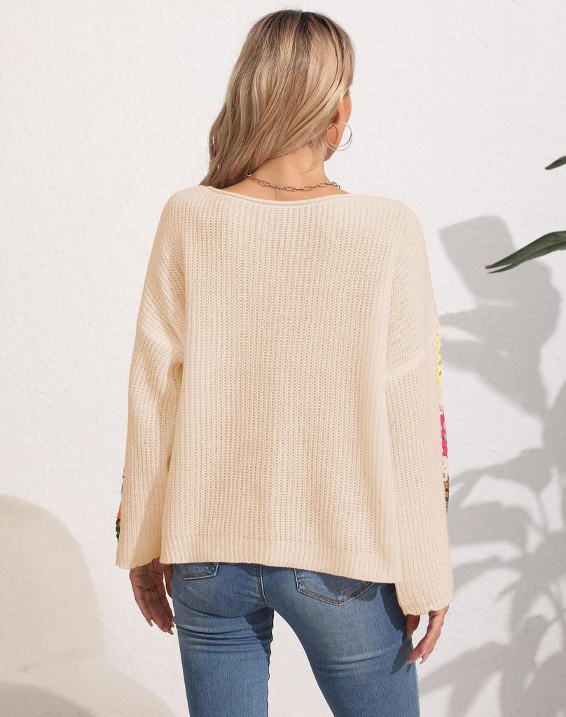 Women's One-Shoulder Loose Pullover Sweater - Mixed Colors Crochet Design for Fall/Winter