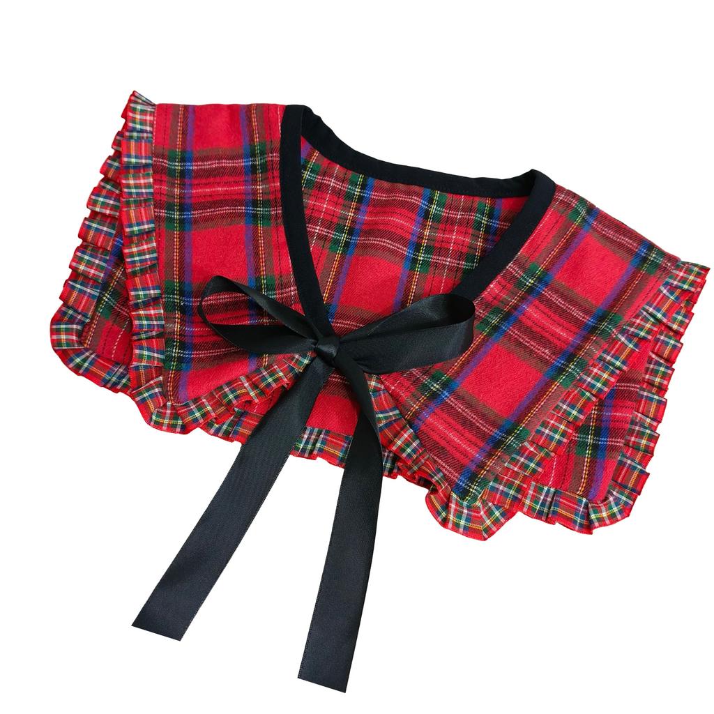 Women Vintage Checkered Plaids False Collar Sweet Ruffled Trim Elegant Lapel Shawl Scarf Bows Tie Mini Ponchos Capelet