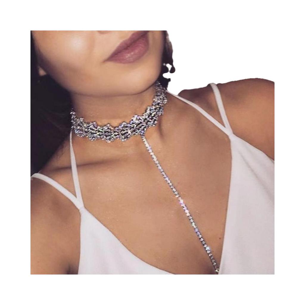 European & American Light Luxury Rhinestone Teardrop Tassel Choker Necklace for Women