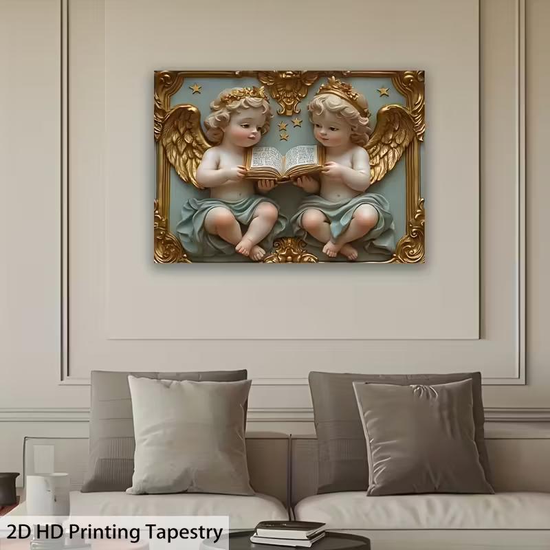 2D Cute Reading Angels Tapestry Cloth Baroque Style Wall Art