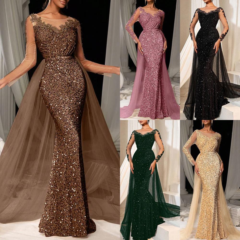 Women's V Neck Long Sleeve Mermaid Maxi Dress Slim Fit Mid Waist Lace Sequin Tulle Train Elegant Summer Party Evening Gown