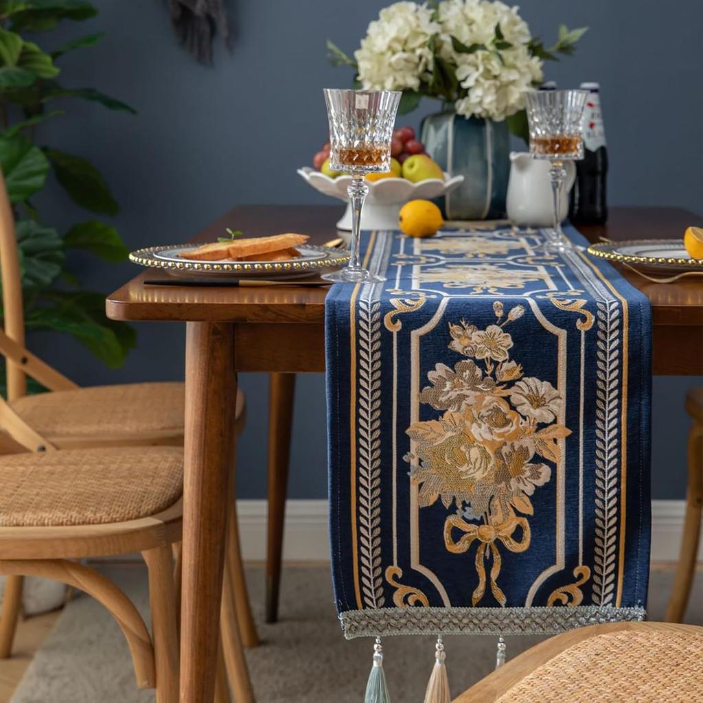 Embroidery Luxury Table Runner, Long Blue Dining Table Runner, Elegant Jacquard Dresser Scarf with Multi-Tassels for Dining Room Party Banquet Table