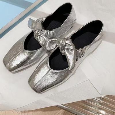 Flat Shoes Women's Spring Square Head Shallow Mouth Butterfly Knot Set Foot Soft Soles Non-slip Single Shoes