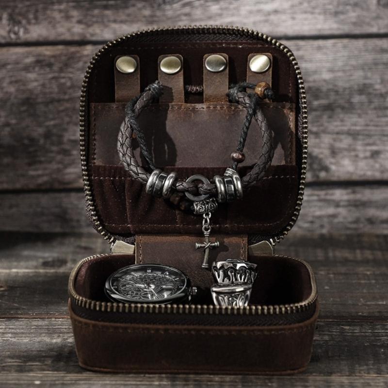 Echtes Leder Schmuckbeutel Rindsleder Uhrenetui Box für Reisen Tragbar Schmuck Zubehör Aufbewahrungstaschen Box