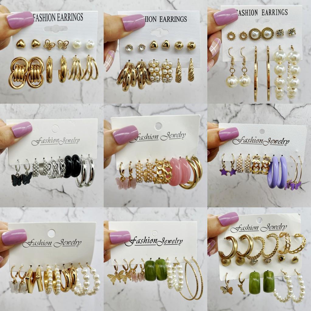 French Retro Pearl Circle Stud Earring Set - 6 Pieces for Women