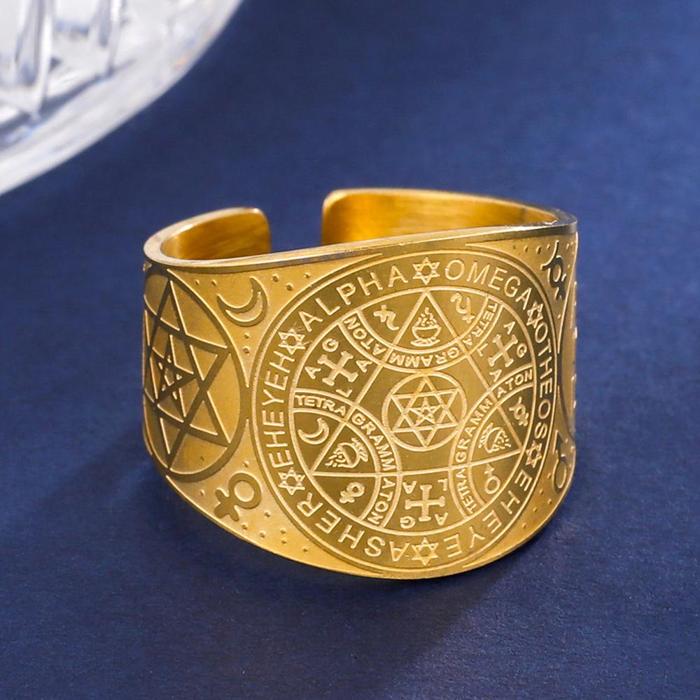 LIKGREAT Amulet Protection Ring Tetragrammaton Pentagram Finger Rings for Men Women Stainless Steel Jewely Witchcraft Pagan Gift