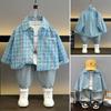 Boys Casual 3-Piece Outfit Set Cotton Plaid Shirt Long Pants Unisex Kids Clothing Ages 3-8
