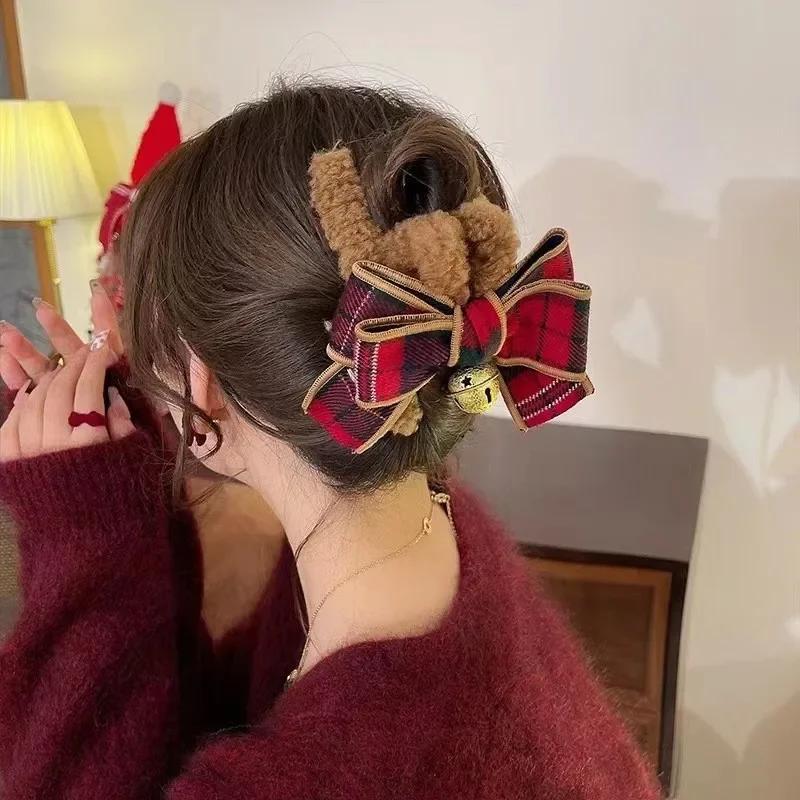 Women's Multi Color Christmas Bow Bell Plush Grasp Clip Autumn Winter Girl Grid Hairpin Shark Clip Headpiece Butterfly Hair Clip
