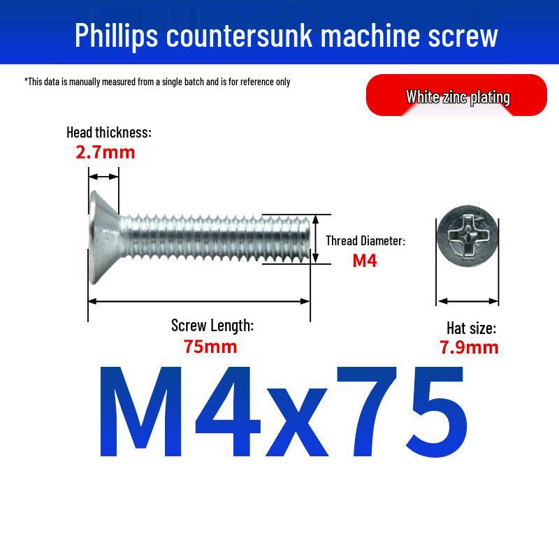 White Zinc Plated Cross Recessed Countersunk Head Screws & Bolts, Machine Thread, M3-M12