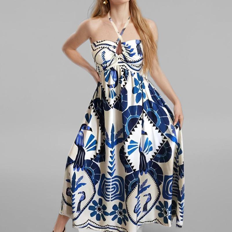 

2025 Spring Elegant European & American Women s Print Halter Neck Tie-Up Dress S