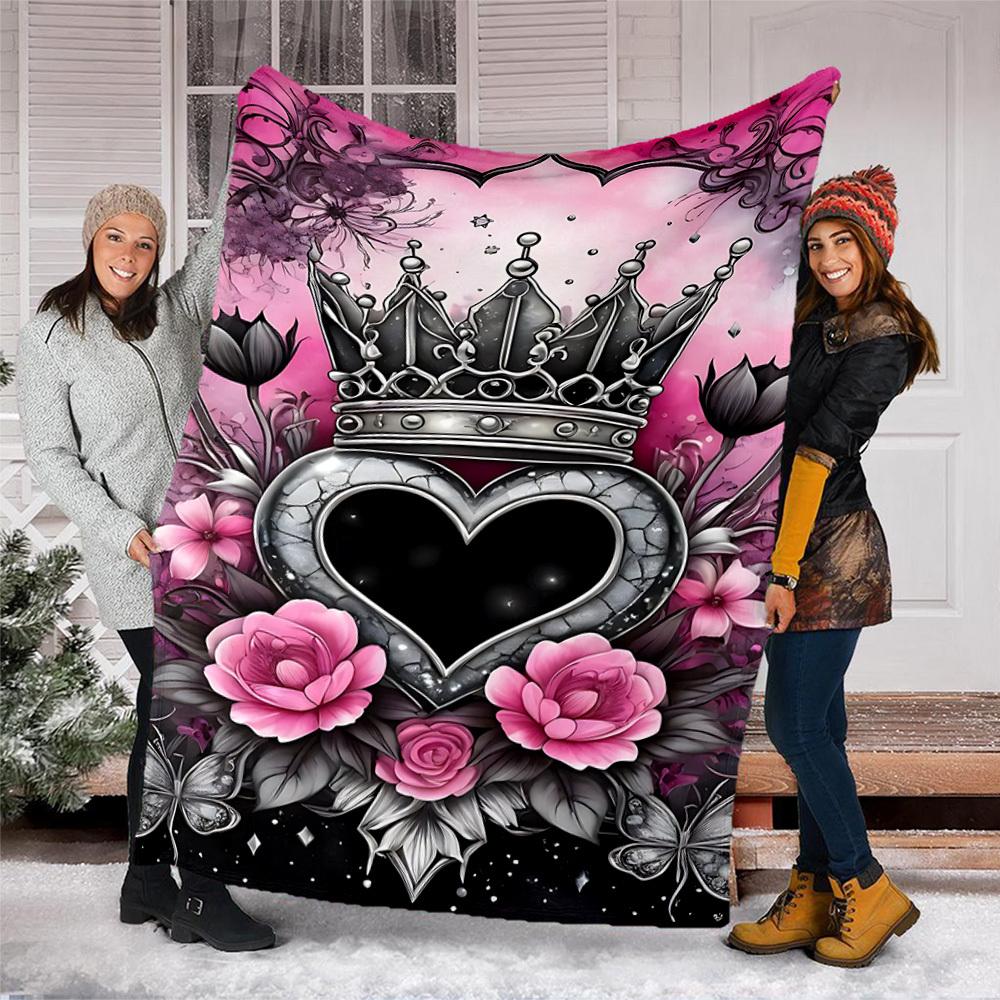 1pc Crown Heart Floral Decor Outdoor Flannel Blanket Soft All Season Polyester Throw , Perfect for Picnics & Travel , Picnic Accessory