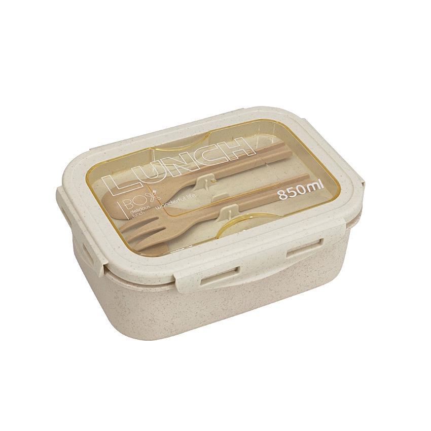 

Wheat Straw Compartmentalized Bento Lunch Box with Snap-Lock, Microwaveable & Insulated, includes Cutlery. бежевый