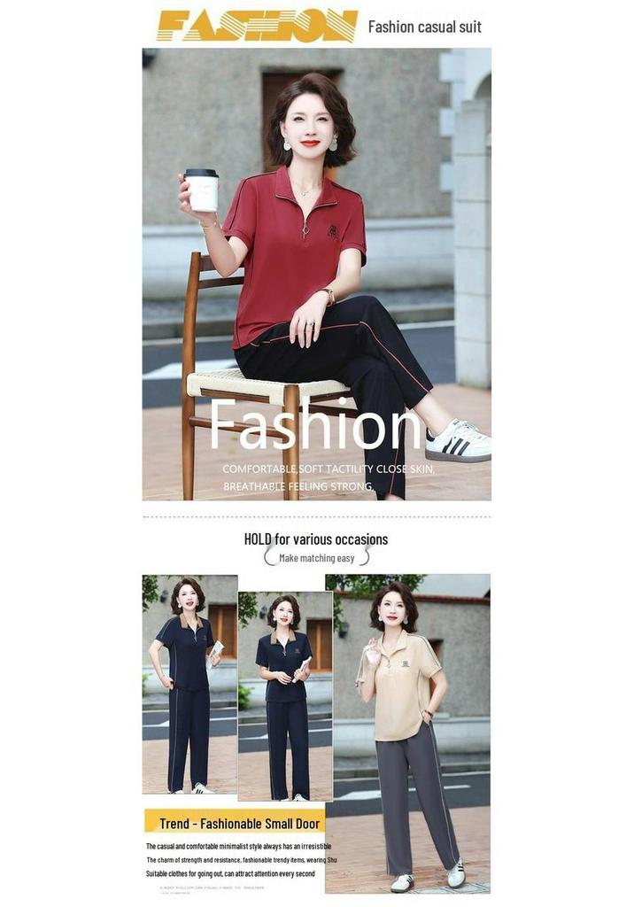 Women's Summer Sports Suit: Stylish, Age-defying, Short-sleeved T-shirt for Middle-aged Ladies with a High-end Feel.