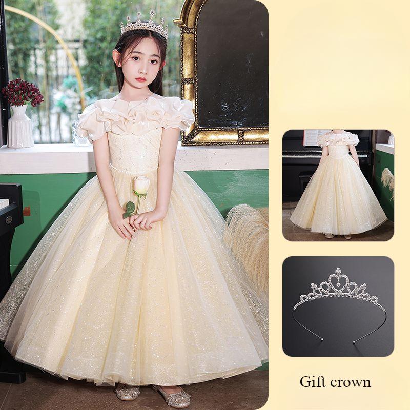 

Детское платье принцессы в подарок, корона, свадебное, для девочки, ведущая свадьбы, костюм для выступления на фортепиано, для девочки, вечернее платье высокого класса на день рождения 140 шампанского