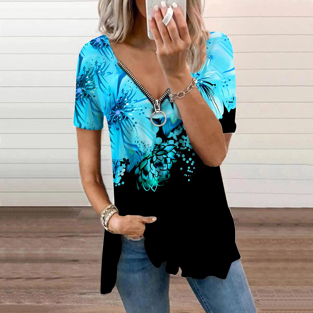 

Женский топ, летний новый модный повседневный топ с синим жемчугом и розой на молнии с v-образным вырезом и короткими рукавами 4XL чёрный