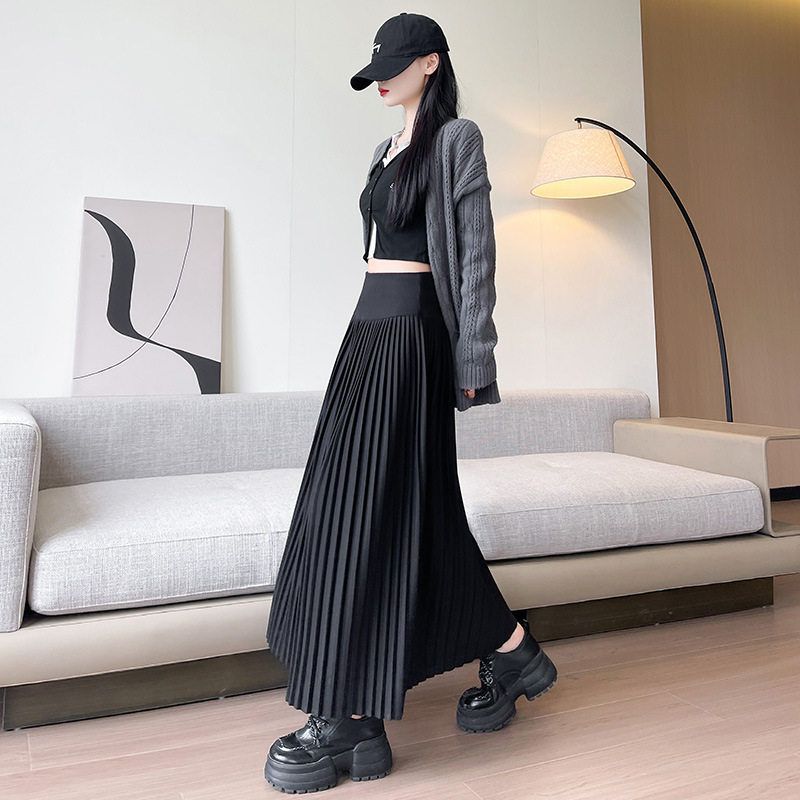 

Dark Gray Fine Pleated Skirt for Women, Autumn/Winter 2025 New High-Waisted Slimming Woolen Skirt for Petite Figures Black [High Quality] L