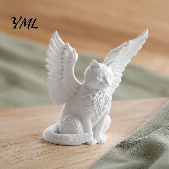 PLA Material Crafts Angel Cat Desk Ornament, Matte White 3D Printing Figurine, Minimalist Simple Textured Art Winged Sculpture for Home Office