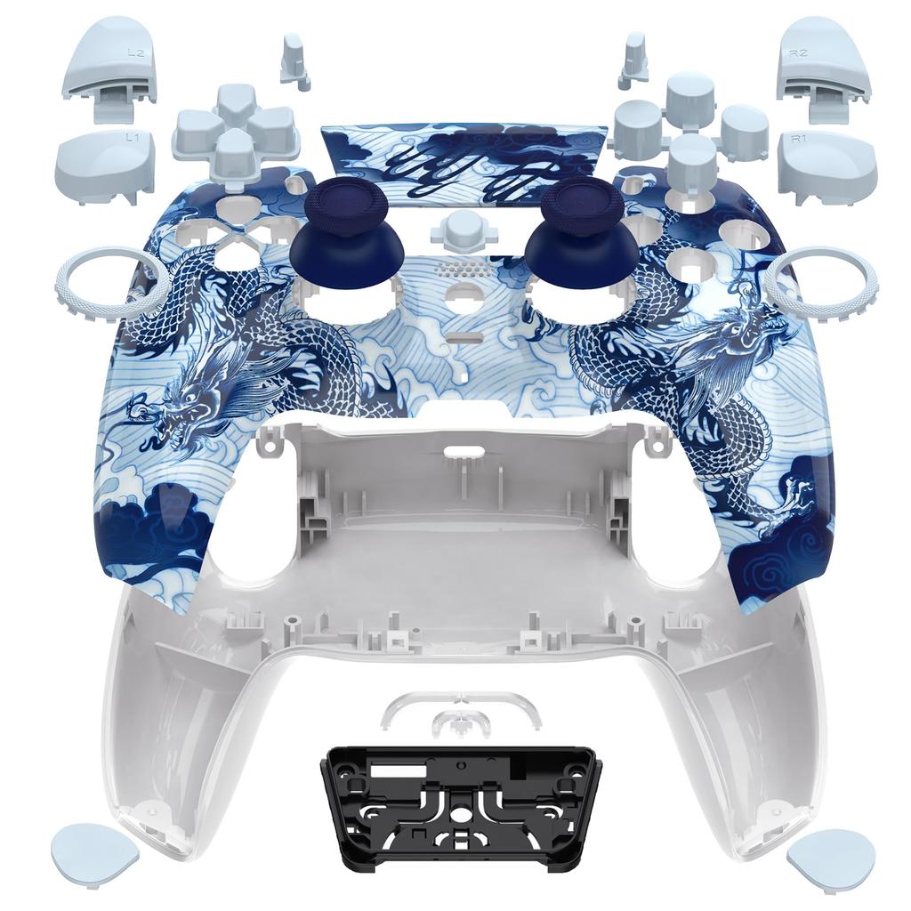 eXtremeRate Compatible with PS5 and Redesigned Luna Full Patterned Housing Button and Touchpad Custom Black Replacement Top and Bottom Covers for PS5