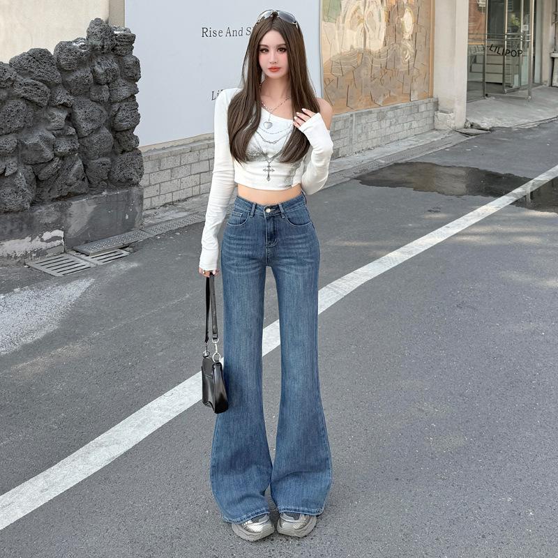 Retro non-stick leg slightly pulled jeans women's autumn and winter American high waist drape niche pocket cover hip wide leg flared pants