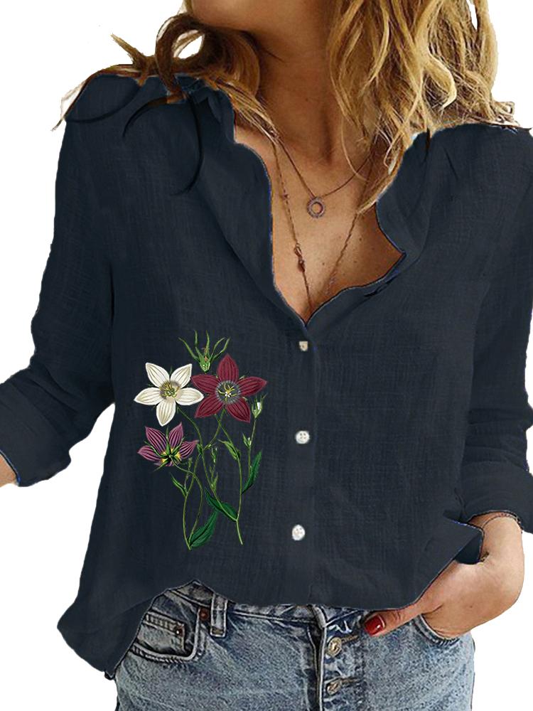 Damenmode Baumwolle Leinen Hemd Frühling&Sommer Lockeres Oberteil Damen Lässige Bluse mit Blumendruck