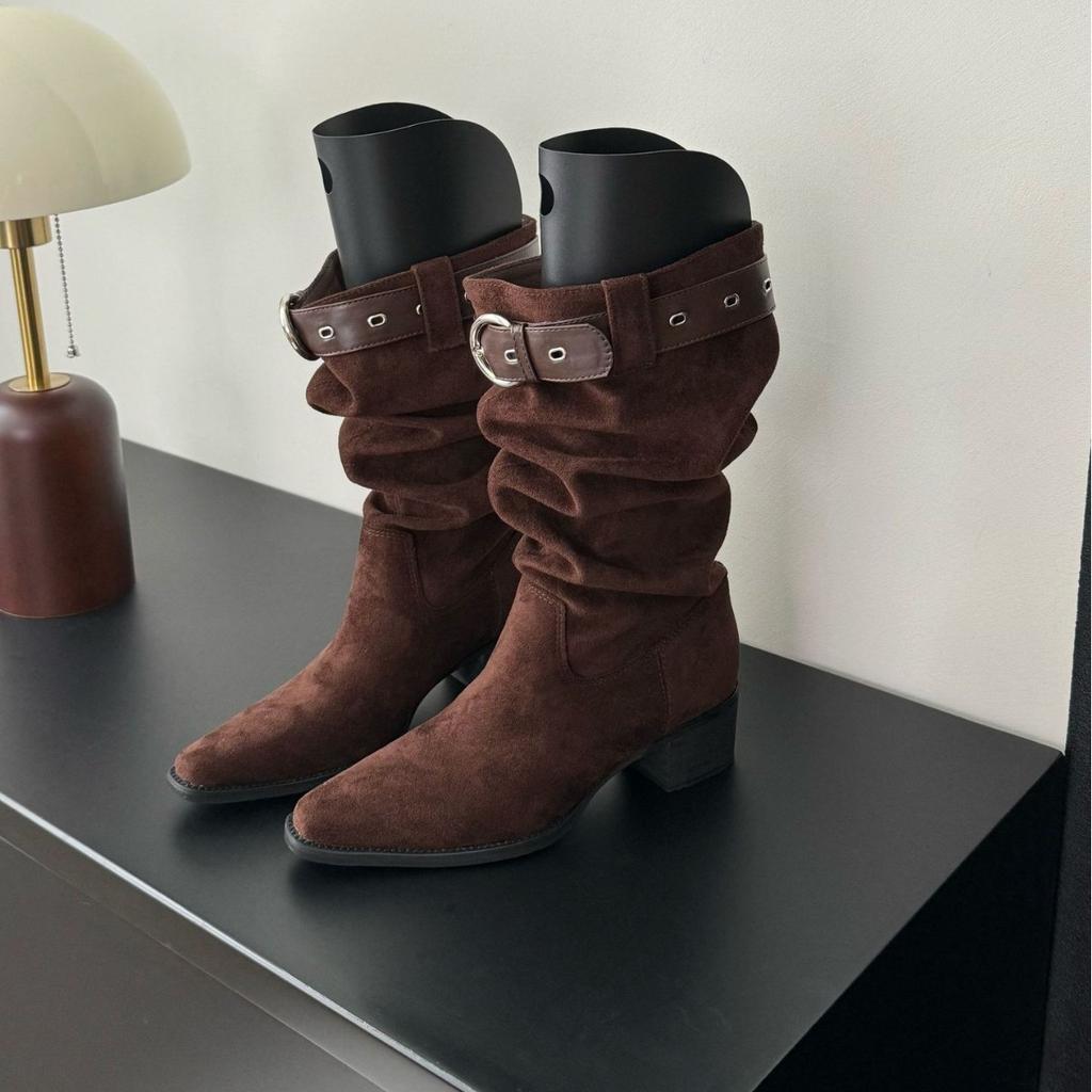2025 Winter New Round Head Thick Heel Belt Buckle Locomotive Women's Short Boots Versatile Tall Tube Fashion Thin Boots Western Women's Boots