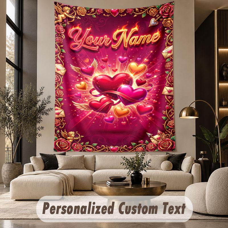 Love Hearts (121) Theme Personalized Tapestry Custom Name Text Wall Hanging Tapestry Home Background Decoration